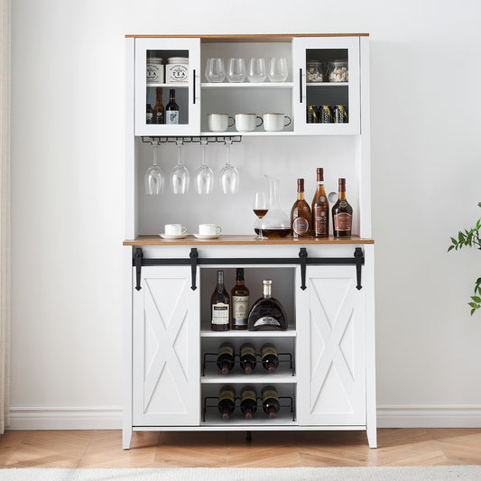 Farmhouse Bar Cabinet with Storage, Kitchen Buffet Cabinet with Sliding Barn Door and 3 Drawers, Coffee Bar with Wine and Glass Rack for Kitchen, Dining Room, White