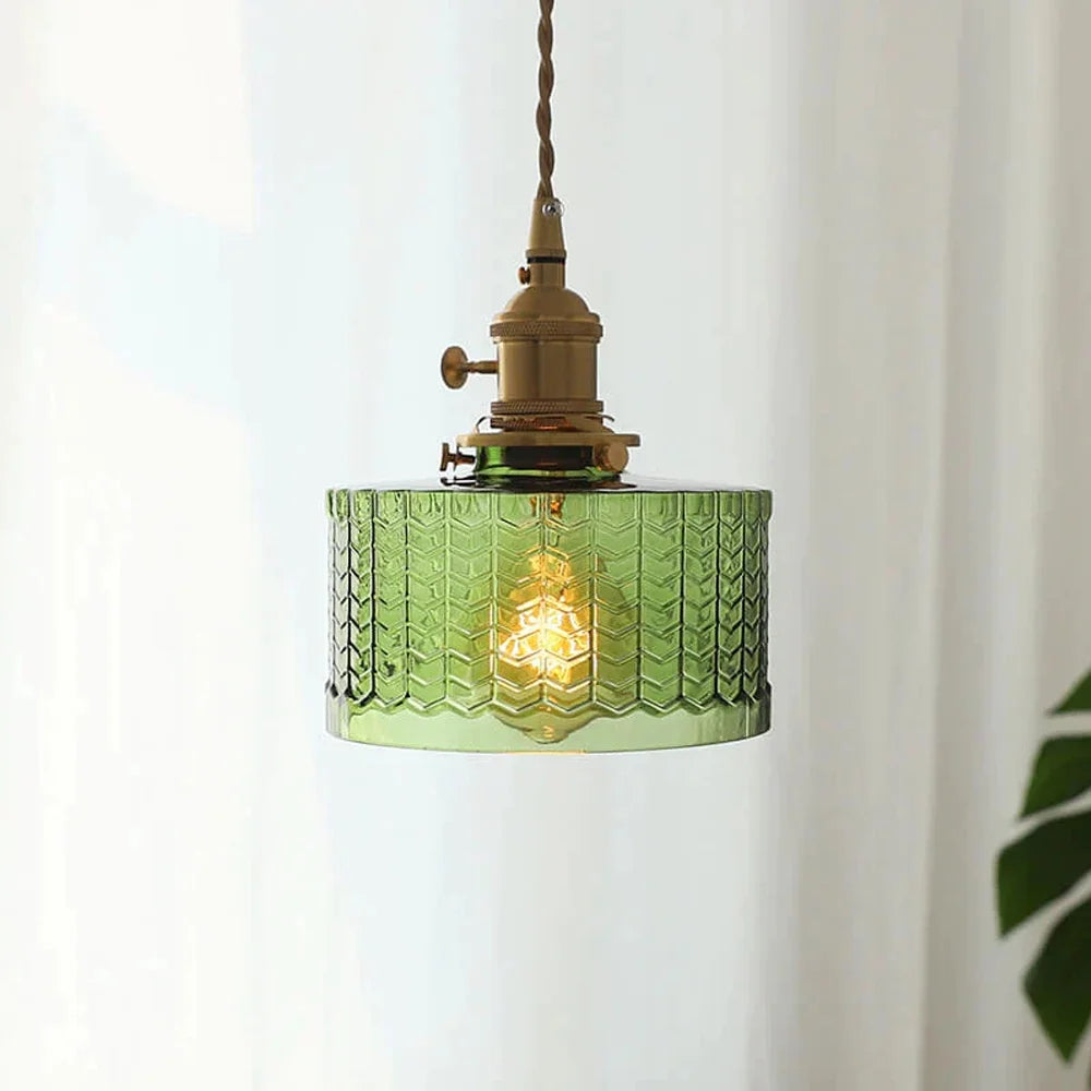 Arturesthome Classic Vintage Green Glass Pendant Light Cylinder Wavy Small Light Fixture