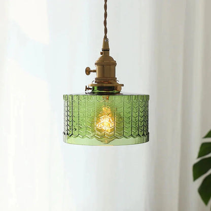 Arturesthome Classic Vintage Green Glass Pendant Light Cylinder Wavy Small Light Fixture