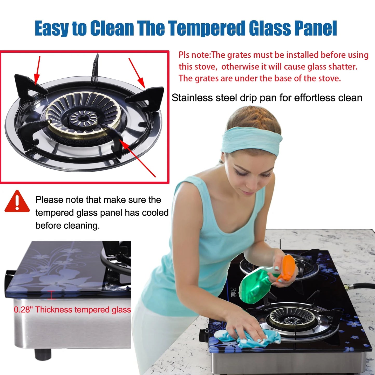 Hothit Portable 2 Burner Propane Stove Gas Cooktop Tempered Glass 28600 BTU,Black