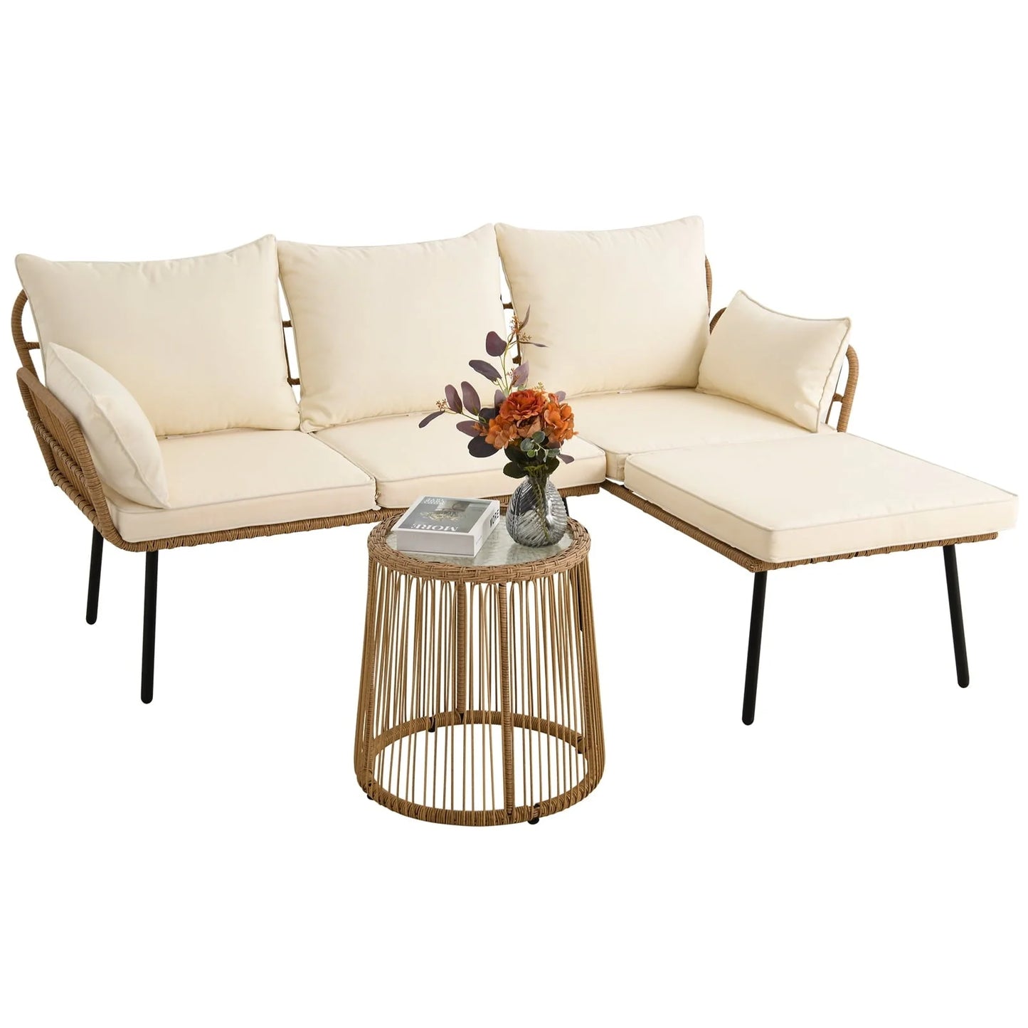 Dextrus L-Shaped Patio Sofa, All-Weather Wicker Patio Conversation Set with Tempered Glass Table & Cushions