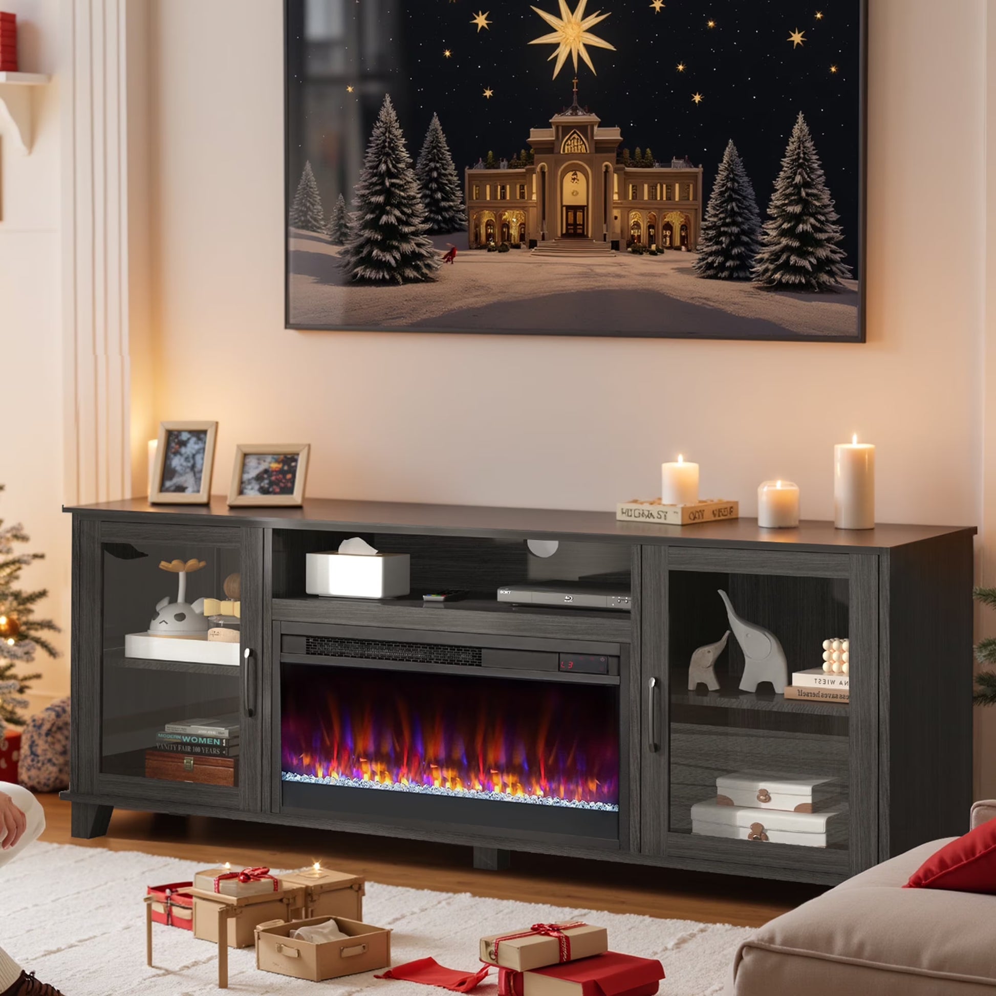 Fireplace TV Stand for 60 inch TV, Modern Entertainment Center With Glass Fireplace, Electric Fireplace TV Cabinet for Living Room, with Remote Control Fireplace, Black