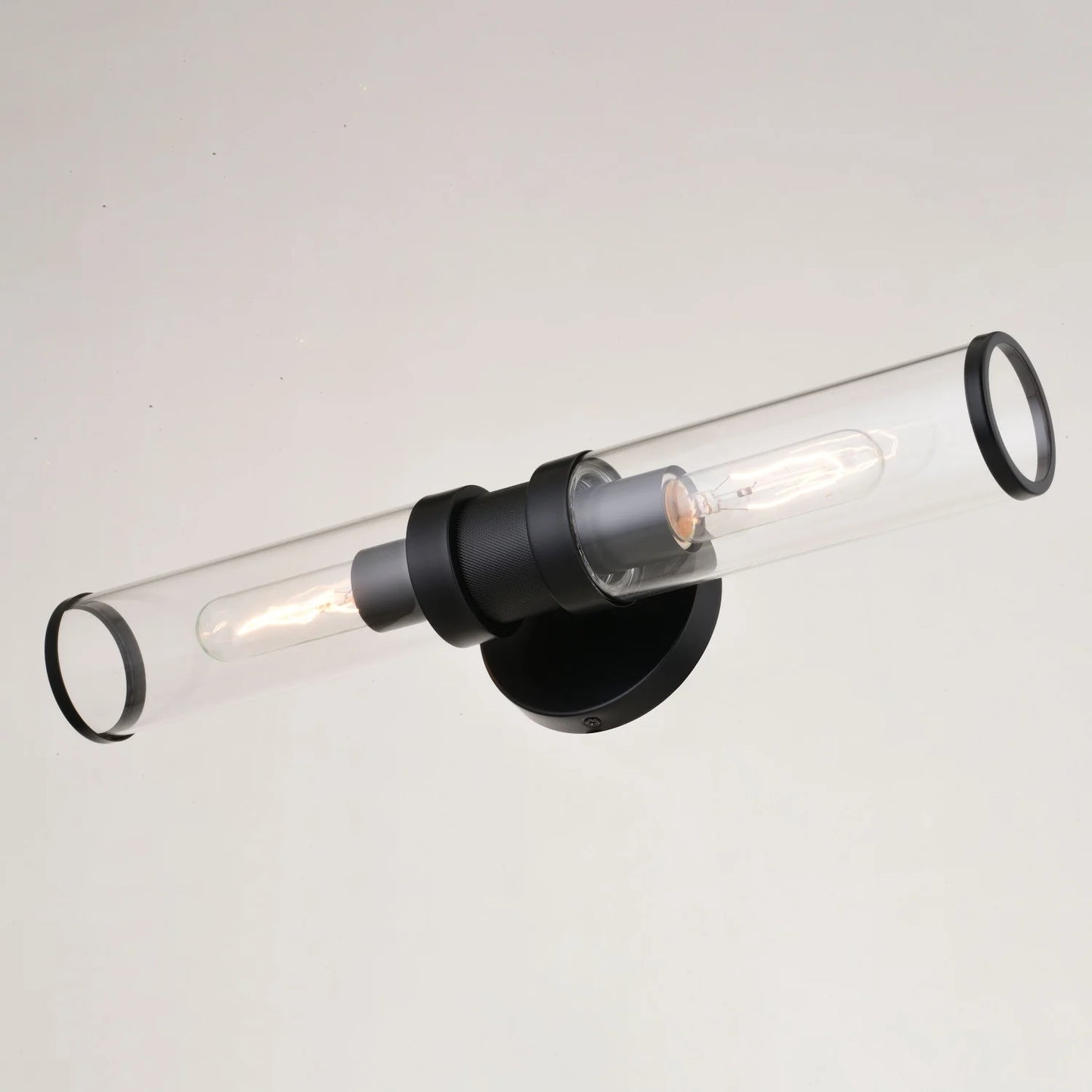 Levitt 2 Light Black Industrial Bathroom Vanity Wall Fixture with Clear Tube Glass