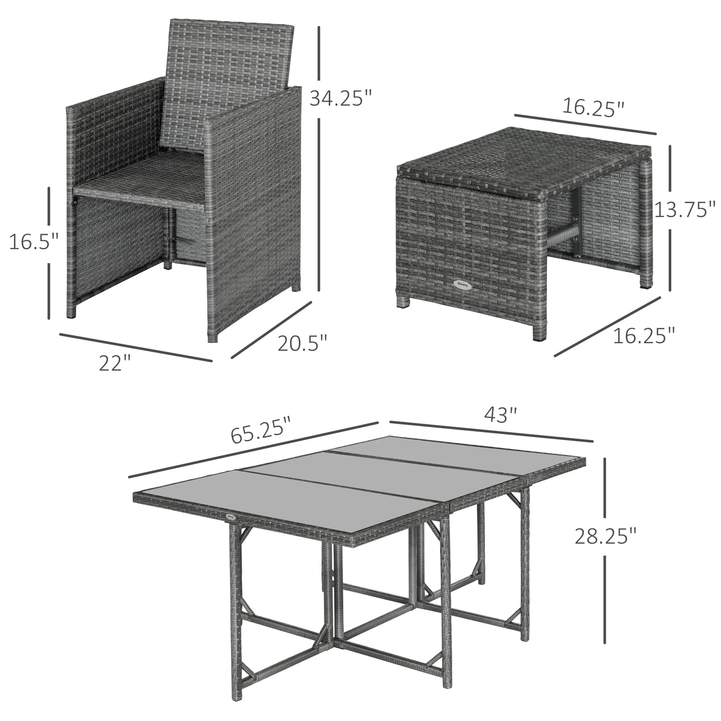 Outsunny 11 Pieces Outdoor Dining Set for 10, Space Saving Wicker Chairs and Glass Table with Cushions and Ottomans, Rattan Conversation Patio Furniture Set for Garden Backyard Deck, Dark Gray