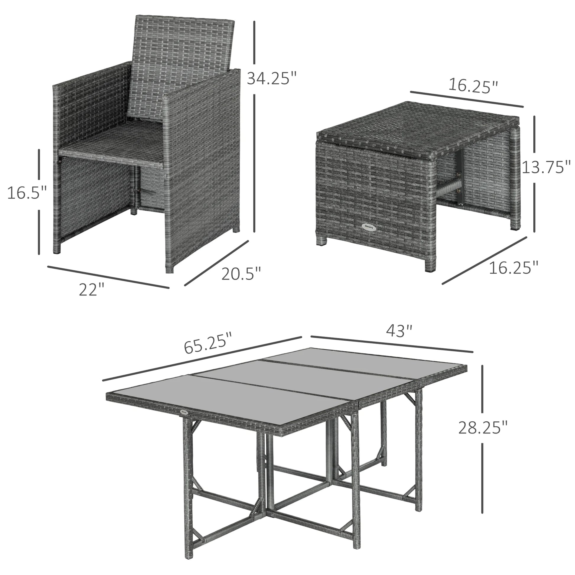 Outsunny 11 Pieces Outdoor Dining Set for 10, Space Saving Wicker Chairs and Glass Table with Cushions and Ottomans, Rattan Conversation Patio Furniture Set for Garden Backyard Deck, Dark Gray
