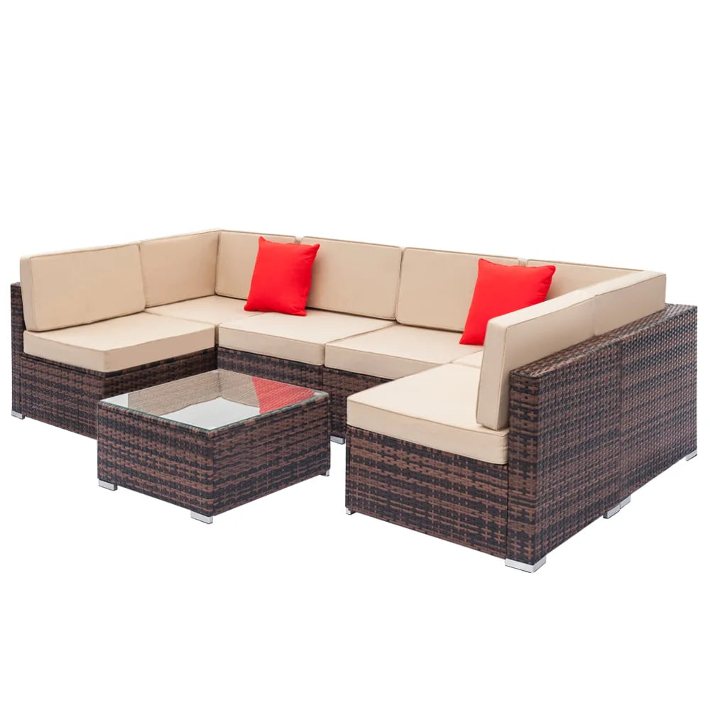 Wicker Patio Sofa Sets, 7 Pieces Outdoor Seating Sets, Lounge Sofa and Tempered Glass Coffee Table, Deck Front Garden Furniture Set, Brown Rattan + Beige Cushion