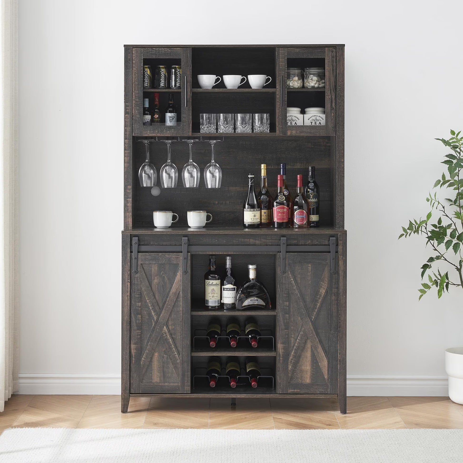 Faitaliicy Tall Farmhouse Bar Cabinet With Sliding Barn Door Rustic Buffet Cabinet Large Kitchen Buffet Liquor Cabinet With Wine And Glasses Rack Coffee Bar Sideboard Table For Kitchen Dining Room
