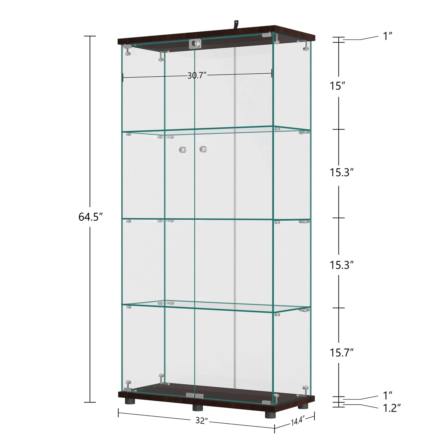 NeuType Glass Display Cabinet Bookcase Glass Frame Bookshelf Brown Double door 64.5"x32"x14.4"