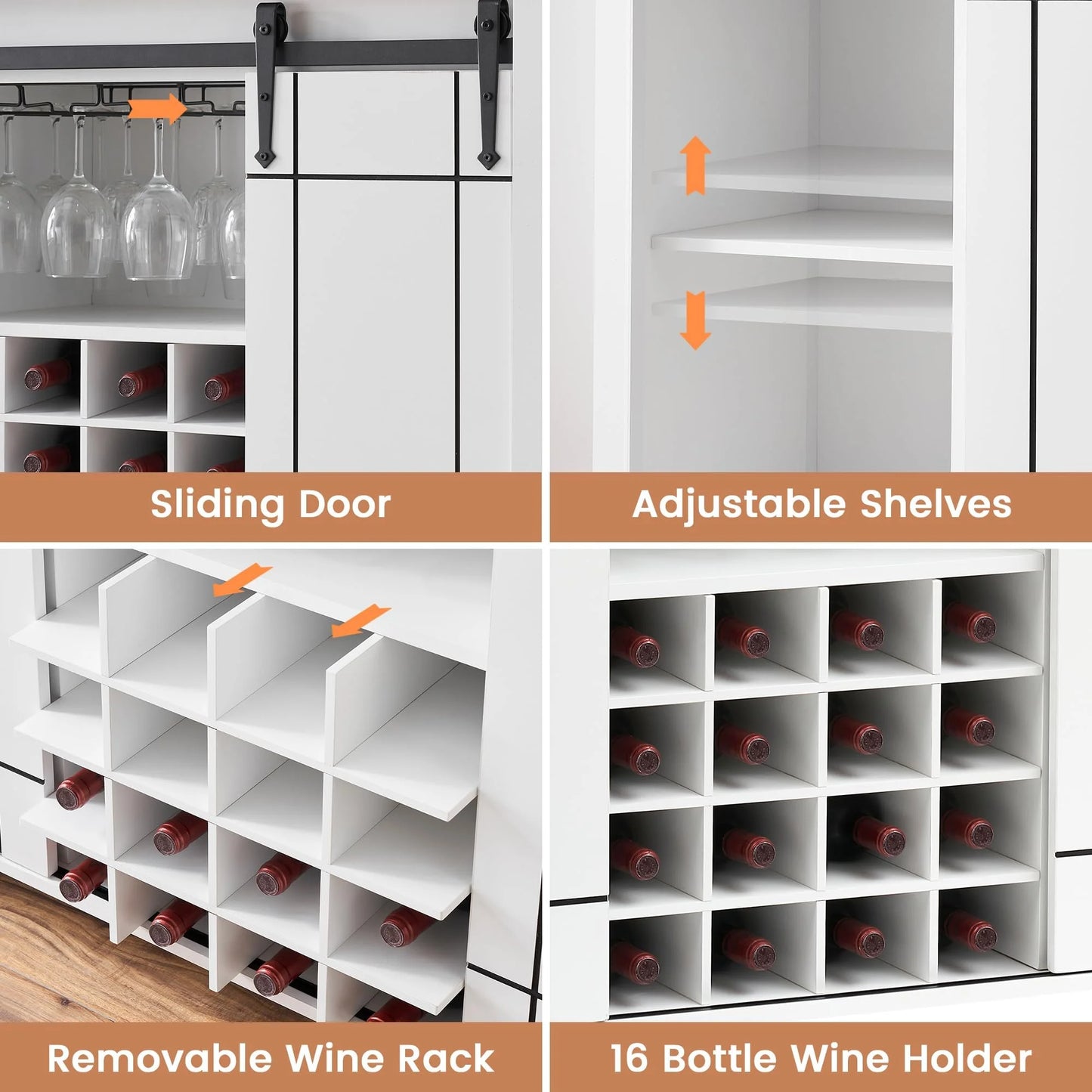 DSstyles 47" Coffee Bar Cabinet w/16 Wine & Glass Rack, Storage Shelves Farmhouse Wine Bar Cabinet w/Sliding Barn Door Rustic Large Buffet Sideboard Cabinet for Dining Room