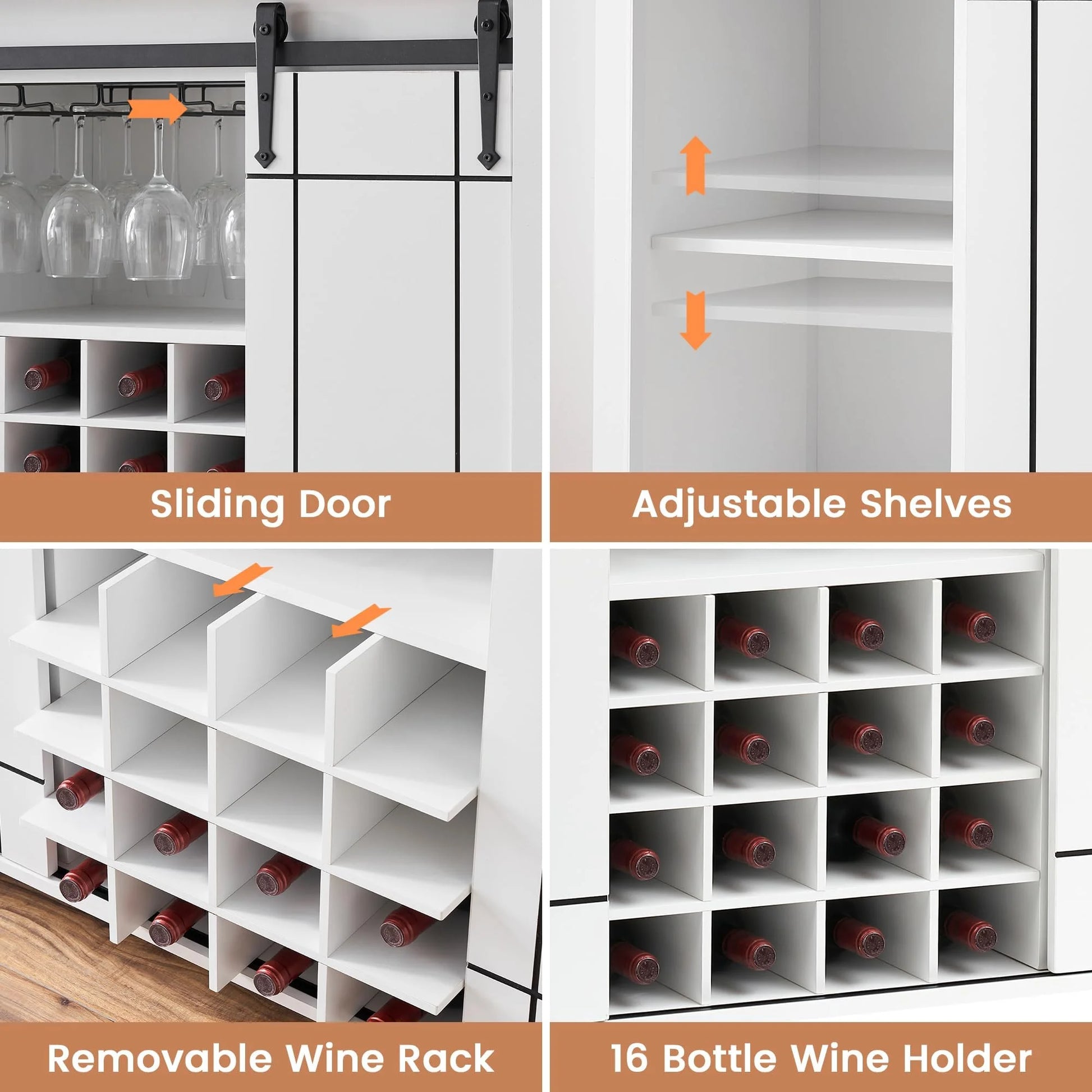 DSstyles 47" Coffee Bar Cabinet w/16 Wine & Glass Rack, Storage Shelves Farmhouse Wine Bar Cabinet w/Sliding Barn Door Rustic Large Buffet Sideboard Cabinet for Dining Room