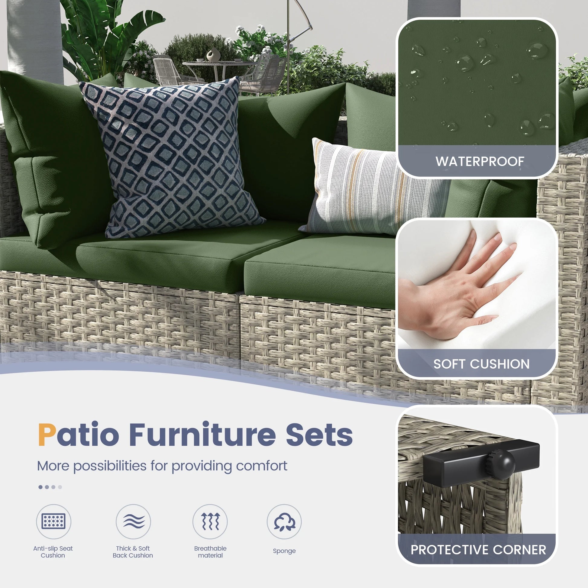 Techmilly 5 Pieces Patio Sectional Sofa PE Rattan Wicker Conversation Sets with Cushions and Glass Table(Green)