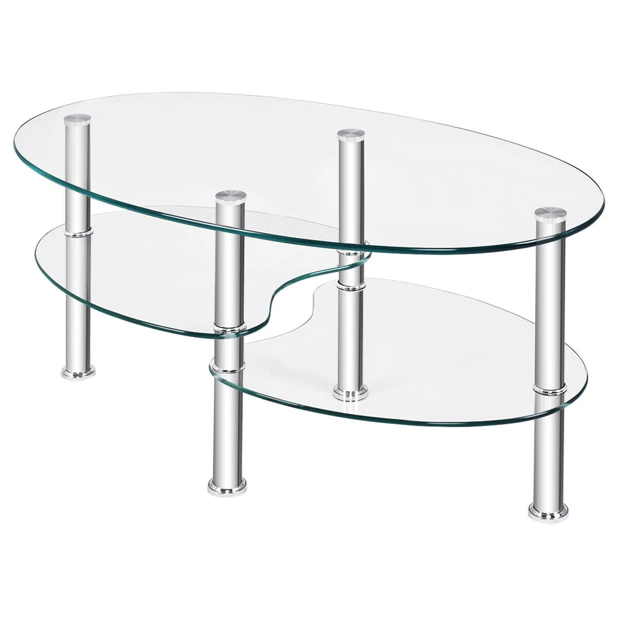 Costway Tempered Glass Oval Side Coffee Table Shelf Chrome Base Living Room Clear