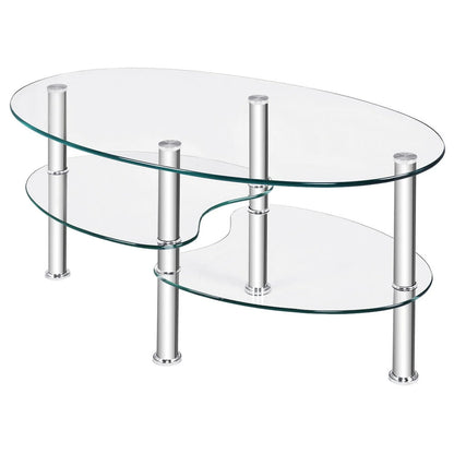 Costway Tempered Glass Oval Side Coffee Table Shelf Chrome Base Living Room Clear