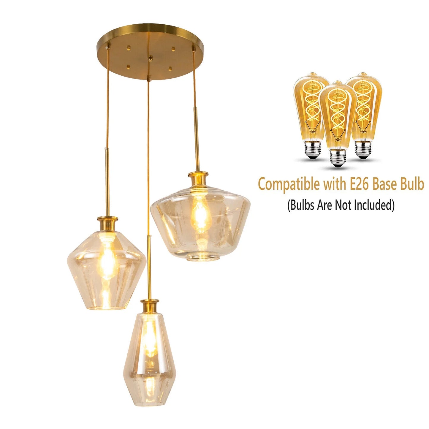 Champagne Gold Glass Chandelier 3 Heads Hanging Pendant Light Ceiling Fixtures