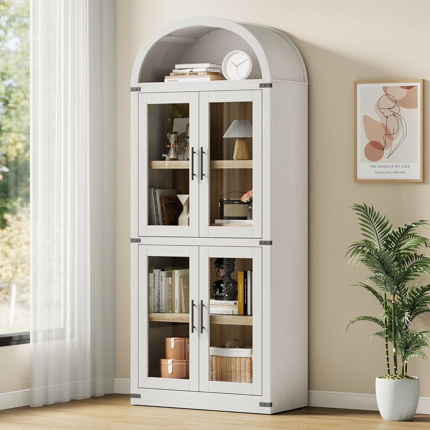 NEILA Arched Bookshelf with Doors - Glass Doors - 15.83 inches deep by 71.4 inches tall rustic ambiance premium wood display cabinet for living room, kitchen and office,Glass Door_Black