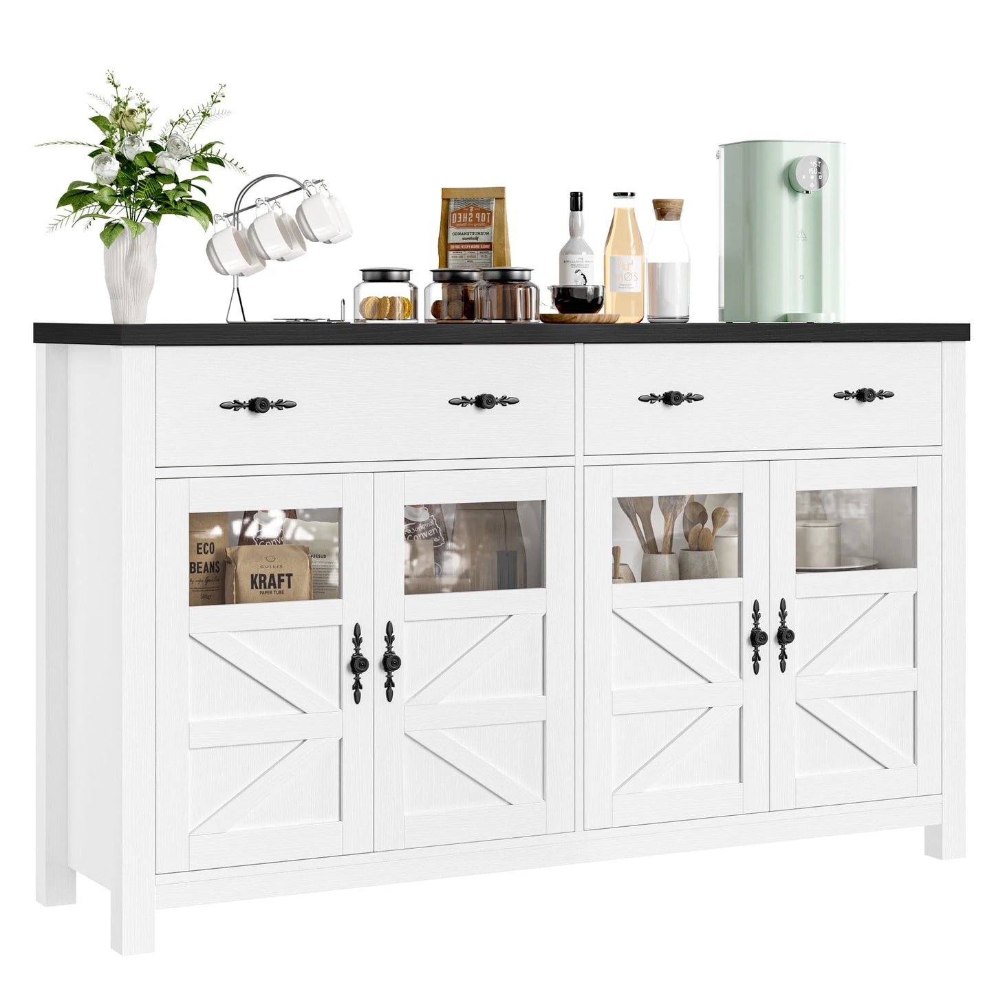 Homfa Farmhouse 55.1"WKitchen Buffet Cabinet with Storage Drawer & Adjustable Shelf, Glass Door Wood Sideboard Credenza Coffee Bar with for Dining Room Living Room, White & Black