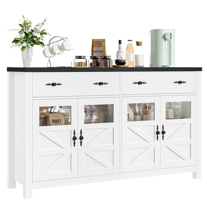 Homfa Farmhouse 55.1"WKitchen Buffet Cabinet with Storage Drawer & Adjustable Shelf, Glass Door Wood Sideboard Credenza Coffee Bar with for Dining Room Living Room, White & Black