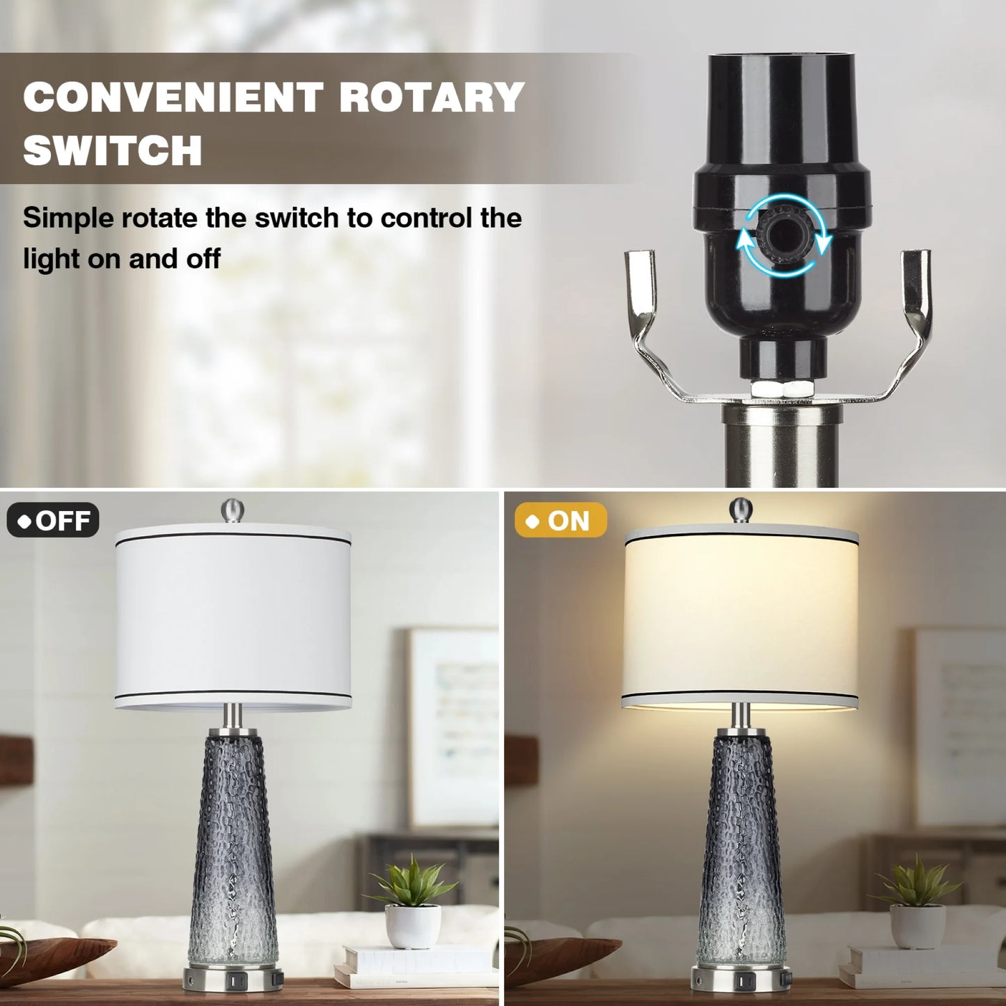 Cinkeda Modern Table Lamp Set of 2 for Bedroom Living Room with USB A+C Ports AC Outlet Gradient Grey Glass Nightlight Nightstand Bedside Lamps