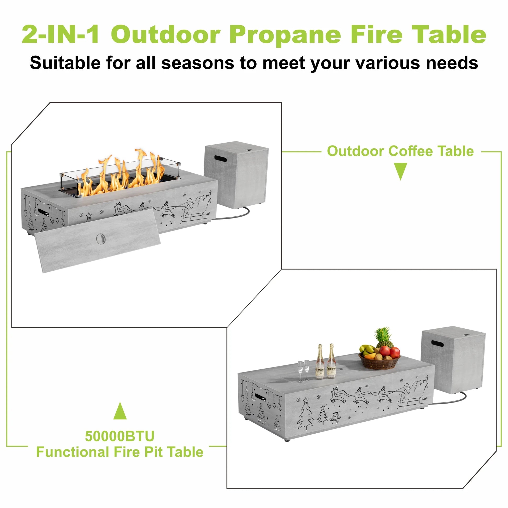 Evita 42" Propane Fire Pits for Outdoor 50,000 BTU Gas Fire Pit Table with Lid ,Glass stone,Windguard Glass,Tank Cover,LED Light Strip