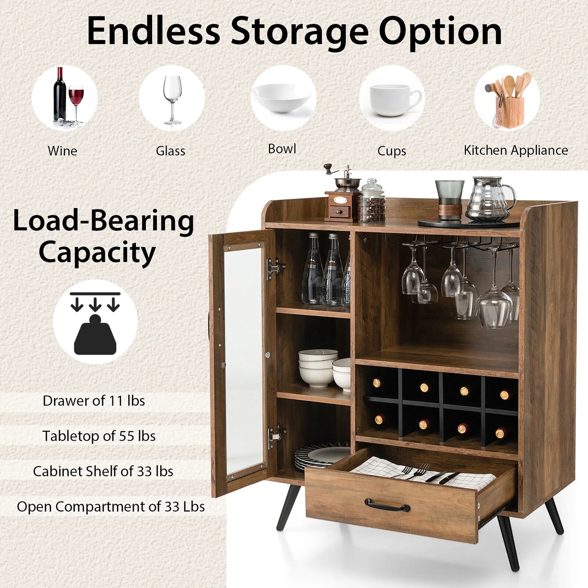 Gymax Liquor Bar Cabinet Storage Buffet Sideboard Credenza w/Wine Rack & Glass Holder