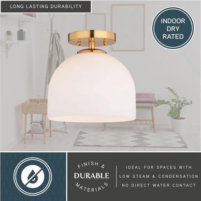 Shelby 9.25-in W Gold Brass Transitional Semi Flush Mount Ceiling Light White Glass