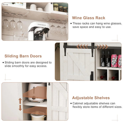 72" Farmhosue Coffee Bar Cabinet with Storage, Tall Kitchen Buffet with Hutch & Wine & Glasses Rack, Sliding Barn Door, Charging Station, RGB Lighting, 12 Storage Shelves, Sideboard Table