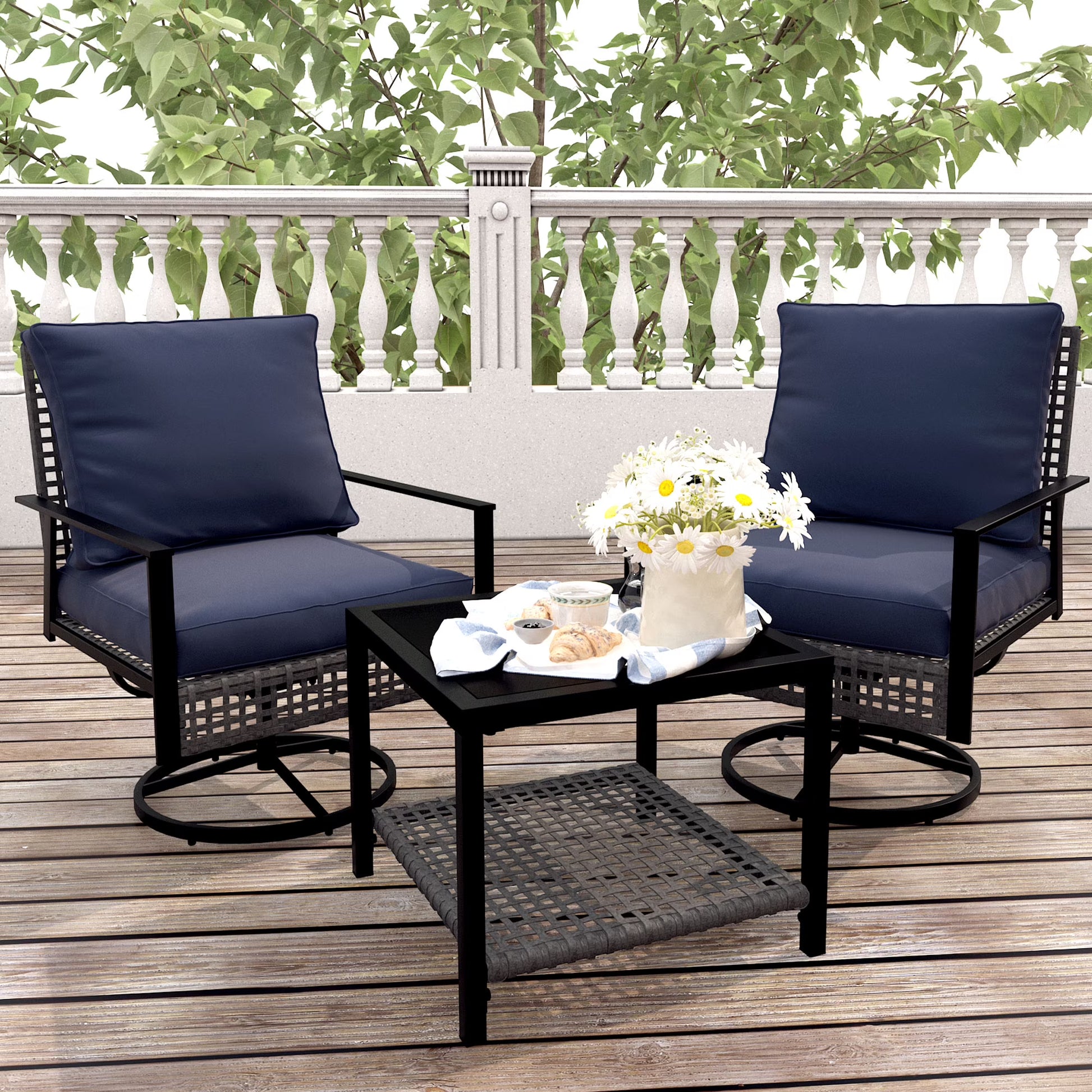 Ainfox Premium Patio Swivel Bistro Set,3-Piece Ourdoor Furniture Set,Wicker Rattan Coversation Rocking Chairs w/Glass Top Table & Cushions,Khaki