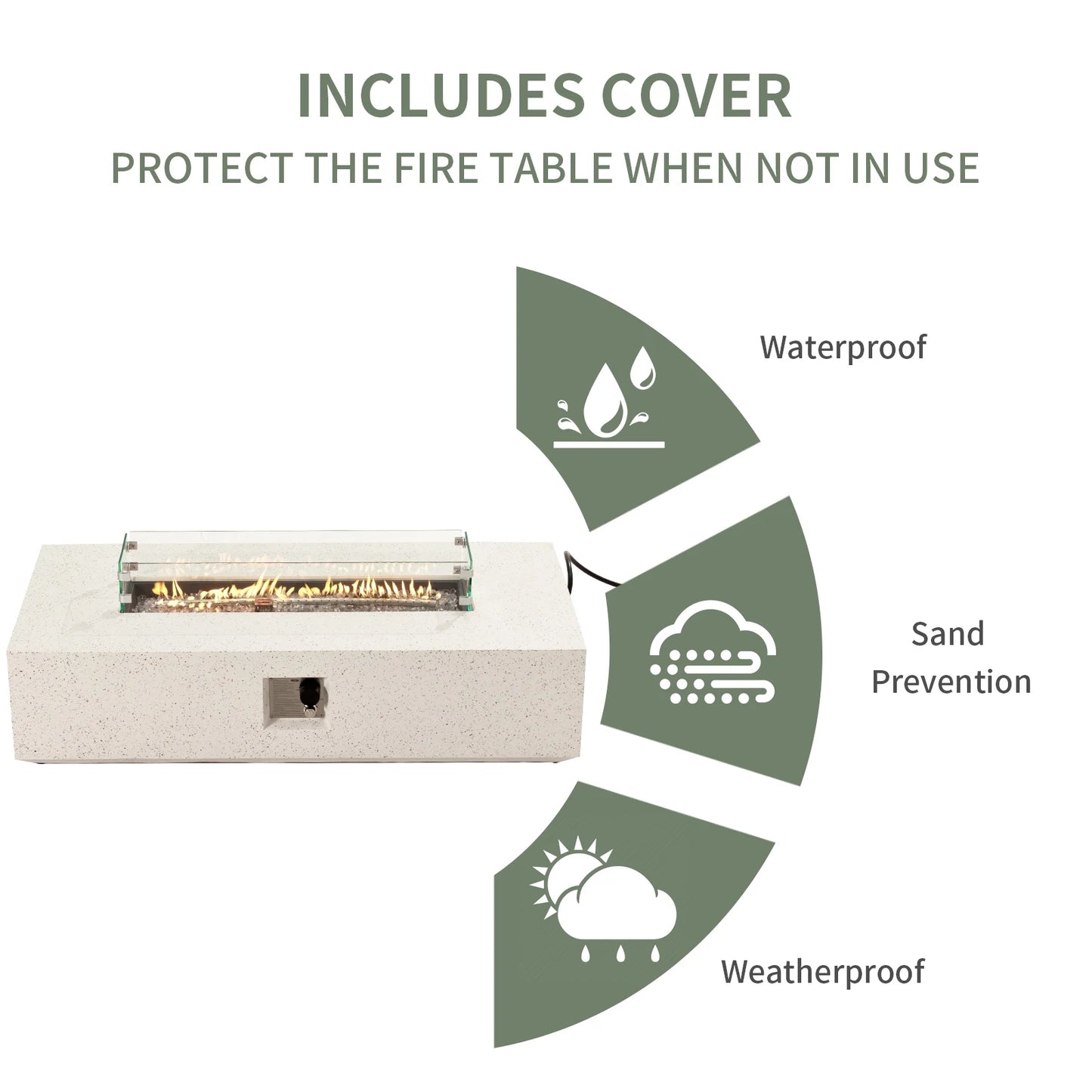 COSIEST Outdoor Rectangular Propane Fire Pit Table, Terrazzo White Concrete Finish, 50,000 BTU Stainless Steel Burner with Glass Wind Guard, Rain Cover