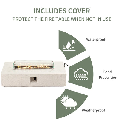 COSIEST Outdoor Rectangular Propane Fire Pit Table, Terrazzo White Concrete Finish, 50,000 BTU Stainless Steel Burner with Glass Wind Guard, Rain Cover