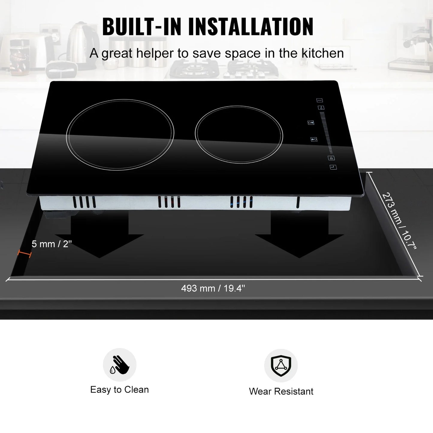KFFKFF Integrated Electric Cooking Surface, Dimensions 20 x 11.6 inches, Dual Heating Elements, 240V Glass-based Heat Conductor with Sensitive Touch Commands, Inclusive of Timer & Safety Lock for Kid