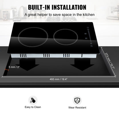 KFFKFF Integrated Electric Cooking Surface, Dimensions 20 x 11.6 inches, Dual Heating Elements, 240V Glass-based Heat Conductor with Sensitive Touch Commands, Inclusive of Timer & Safety Lock for Kid