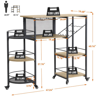 Bar Cart, Home Bar Service Cart with Wine Rack and Glass Holder, Kitchen Cart with Rolling Wheels, Metal Bar Rack with 7 Tiers Storage for Home, Kitchen, Living Room, Dining Room (Brown)