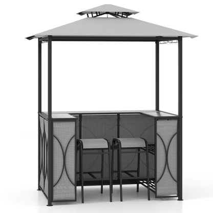 Spaco 3-Piece Patio Bar Set with A Heat-Resistant Tempered Glass Top, Grill Gazebo & 2 Bar Stools with Tempered Glass Bar Table, Bar Set for Outdoor, Brown