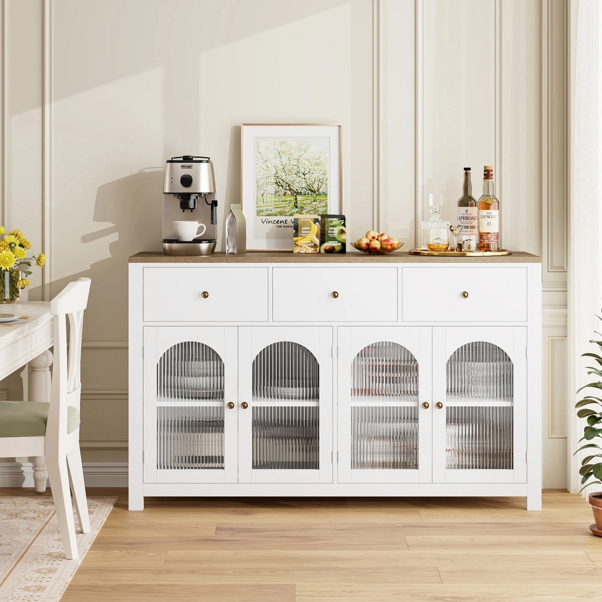 Homfa 55'' Large Sideboard Buffet Cabinet, Kitchen Storage Cabinet with 3 Drawers and 4 Glass Doors, Wood Coffee Bar Cabinet for Living Room, White