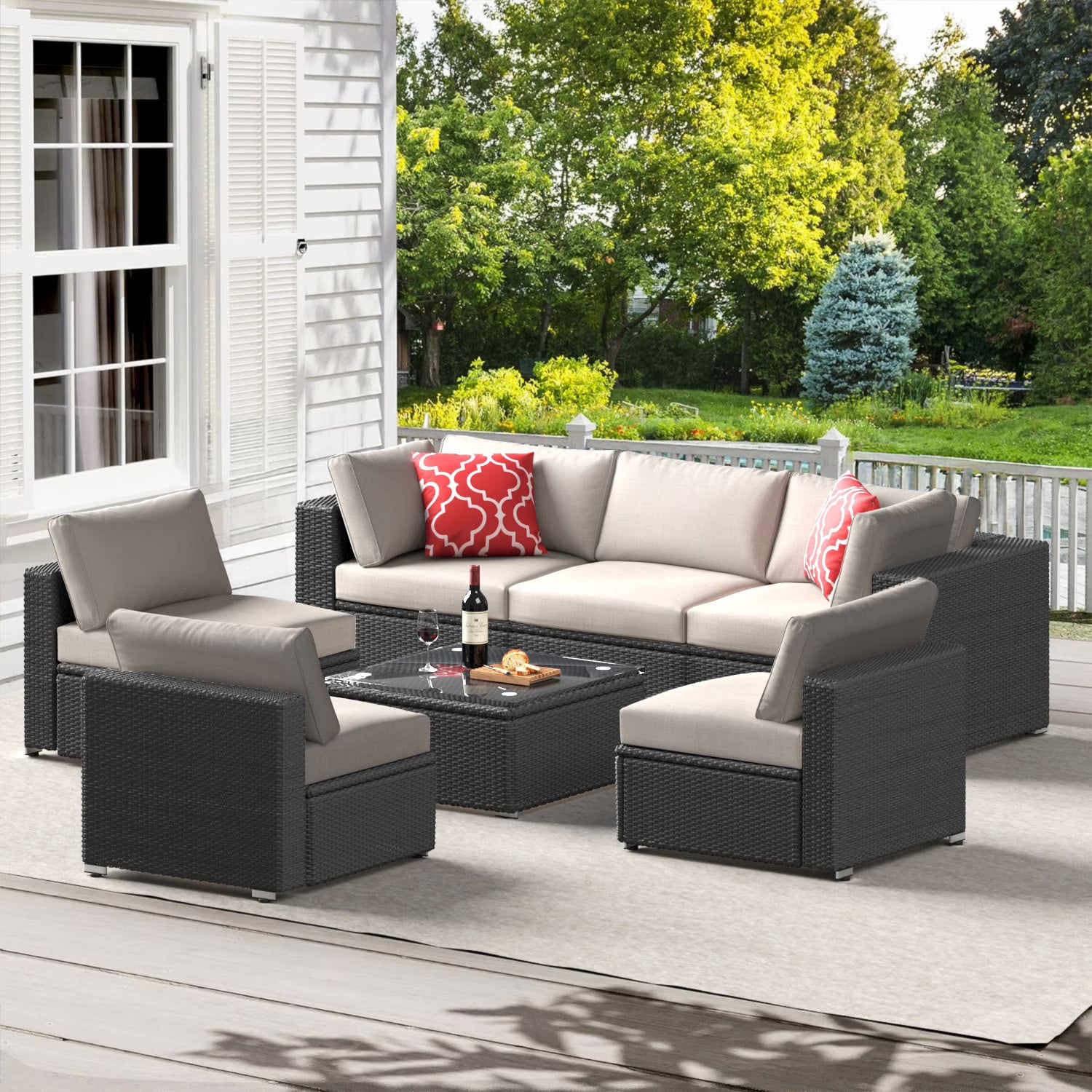 7 Piece Patio Furniture Sets Outdoor Sectional PE Rattan Outdoor Furniture Patio Conversation Set with Cushions and Glass Coffee Table, for Balcony Lawn and Garden, Gray