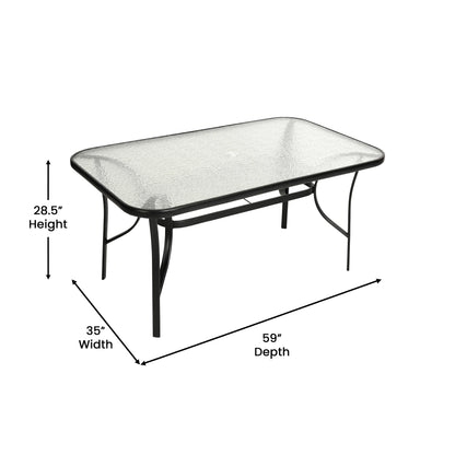 Emma + Oliver Rectangular Tempered Glass Top Patio Table with Umbrella Hole and Black Steel Tube Frame