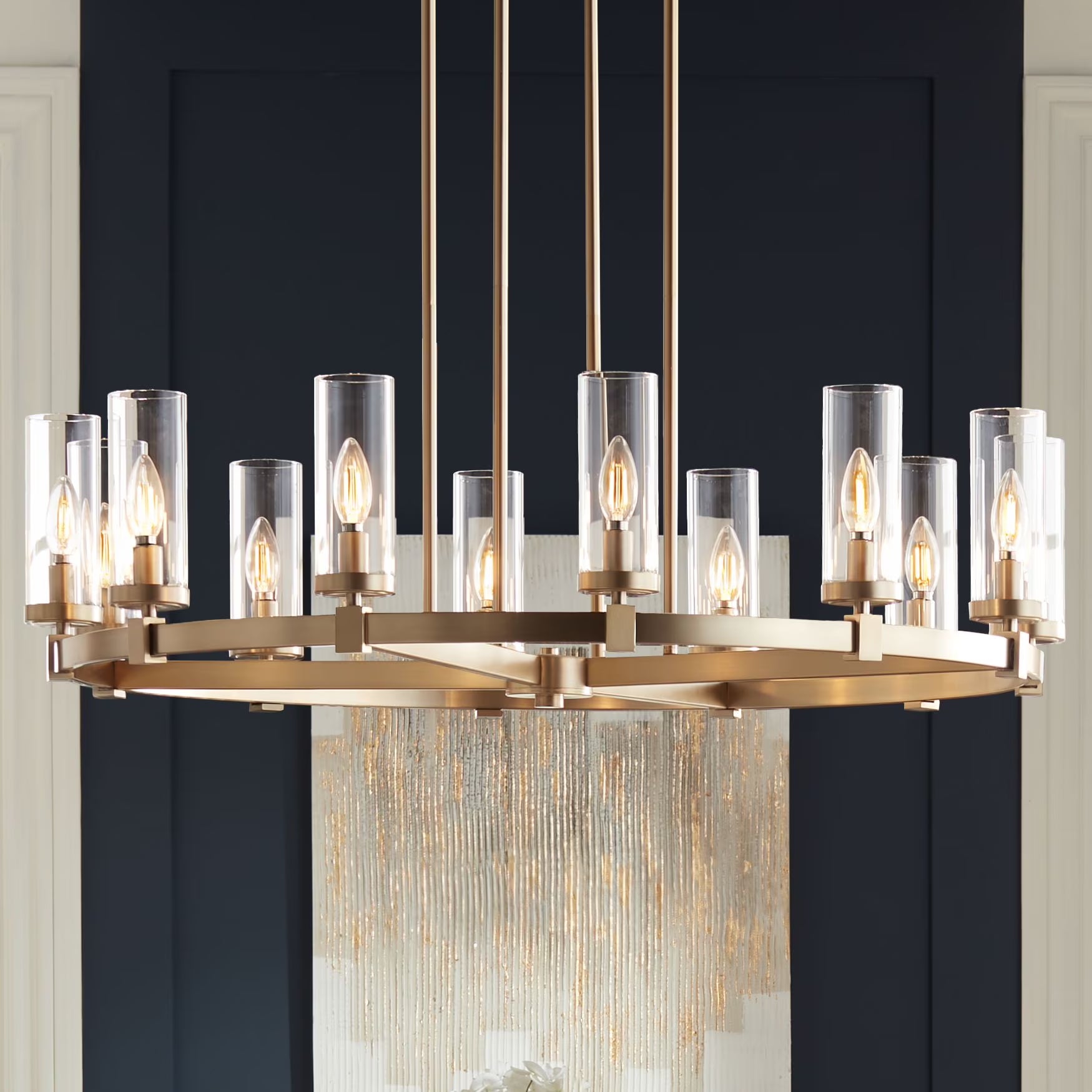 Stiffel Aron Brass Gold Wagon Wheel Chandelier 36" Wide Modern Clear Glass Shade 12-Light Fixture for Dining Room House Foyer Kitchen Island Entryway