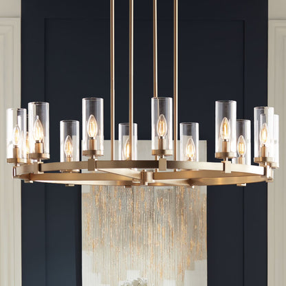 Stiffel Aron Brass Gold Wagon Wheel Chandelier 36" Wide Modern Clear Glass Shade 12-Light Fixture for Dining Room House Foyer Kitchen Island Entryway