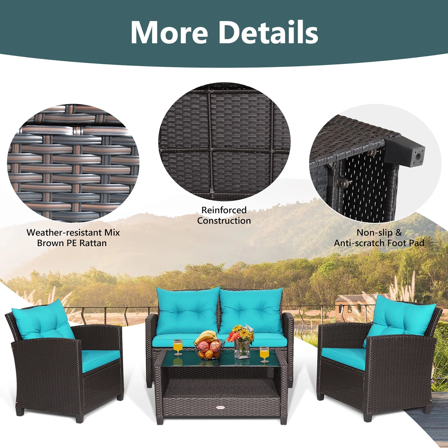 Costway 8 PCS Patio Rattan Furniture Set Glass Table Shelf Sofa Cushion Turquoise