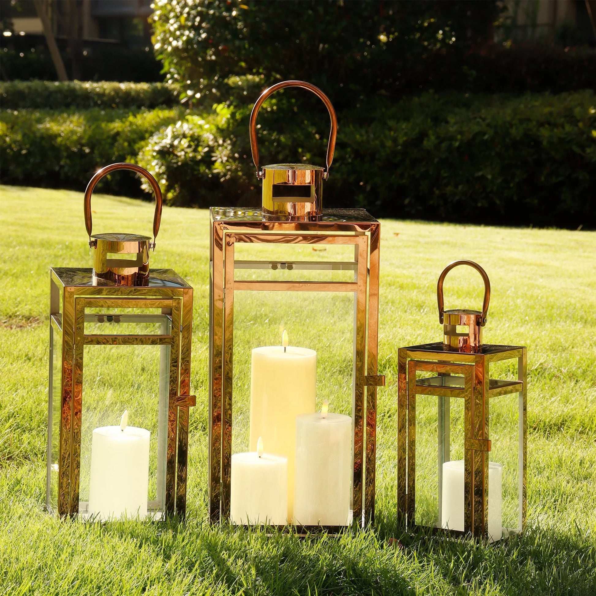 Stainless Steel Lantern Set of 3 12/15/19" Metal Lanterns with Tempered Glass for Parties & Events (Silver )