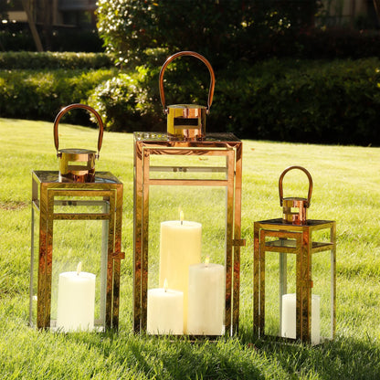 Stainless Steel Lantern Set of 3 12/15/19" Metal Lanterns with Tempered Glass for Parties & Events (Silver )