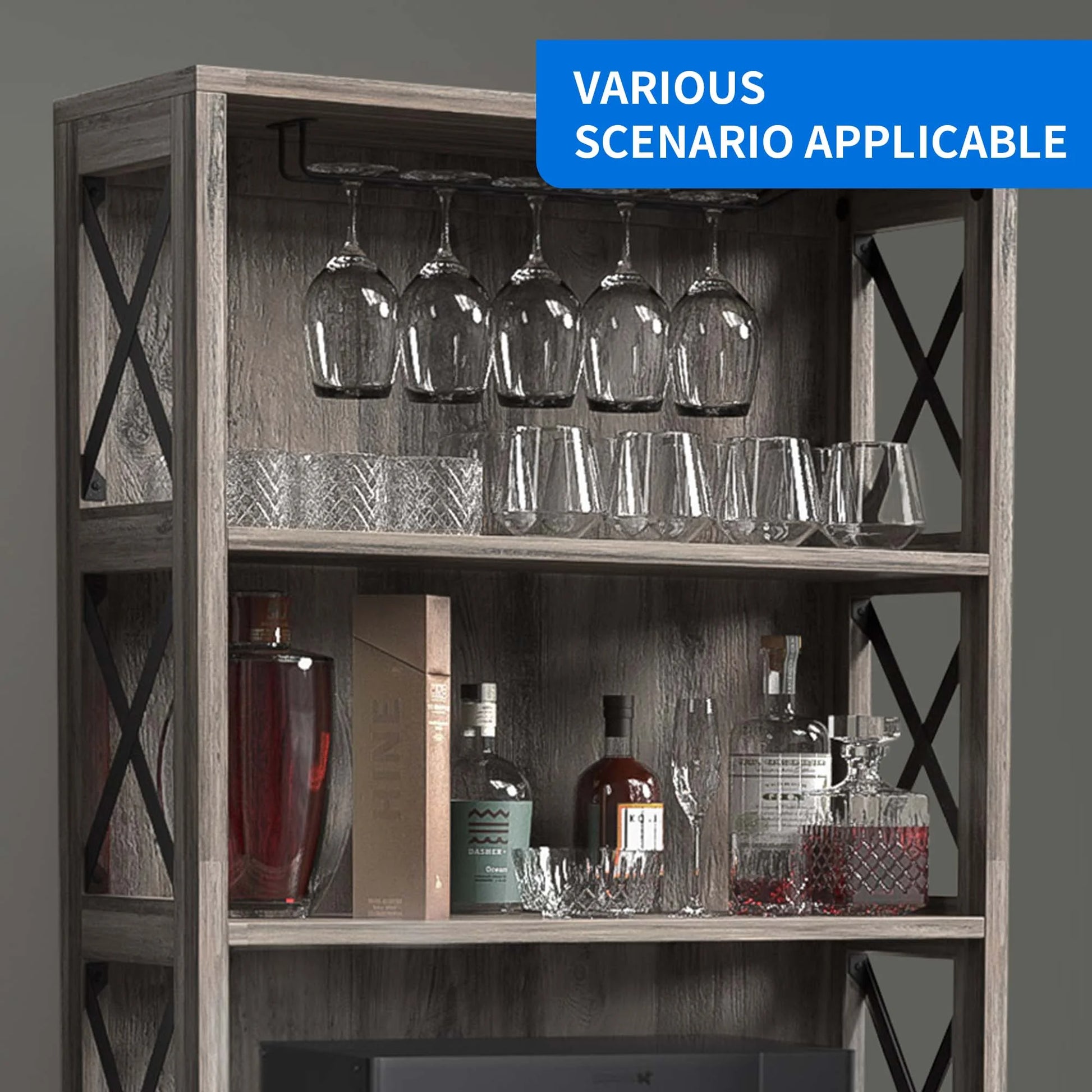 DEXTRUS 67" Tall Kitchen Pantry Cabinet with Glass Hanging Rack, Liquor Storage, Home Wine Bar, Gray