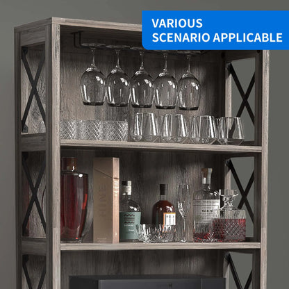 DEXTRUS 67" Tall Kitchen Pantry Cabinet with Glass Hanging Rack, Liquor Storage, Home Wine Bar, Gray