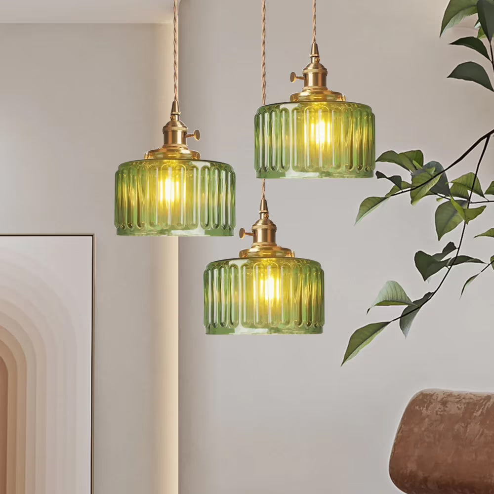 Arturesthome Classic Vintage Green Glass Pendant Light Cylinder Wavy Small Light Fixture