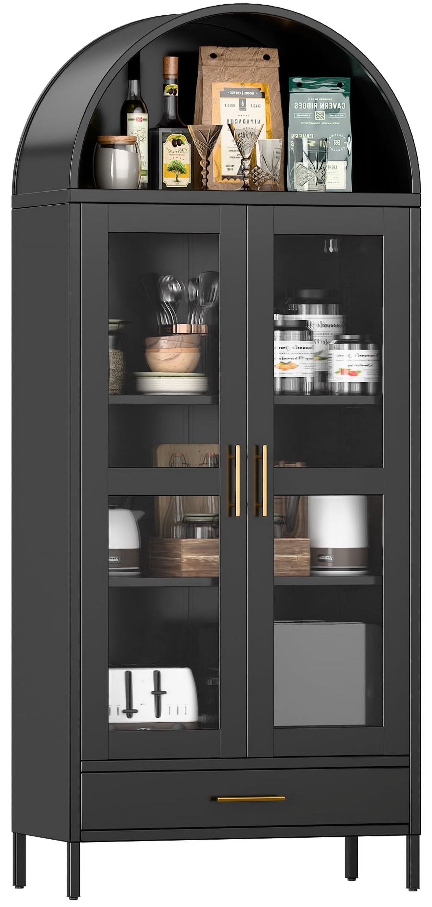 SUXXAN Metal Arched Storage Display Lockable Cabinets with Glass Doors and Adjustable Shelves, Assembly Required, Black