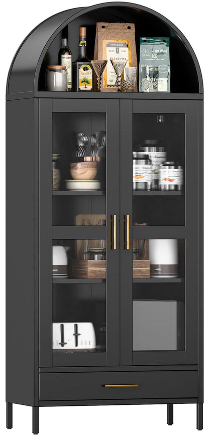 SUXXAN Metal Arched Storage Display Lockable Cabinets with Glass Doors and Adjustable Shelves, Assembly Required, Black