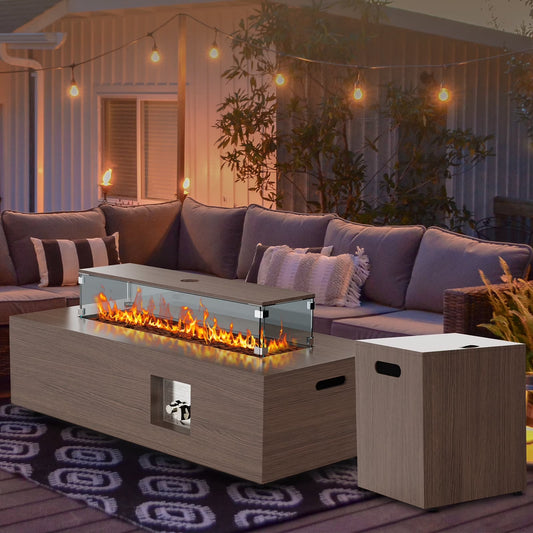 WFUN 43" Outdoor Propane Fire Pit Table with Glass Wind Guard & Cover for Garden, Pool, Backyard, CSA certification, Brown