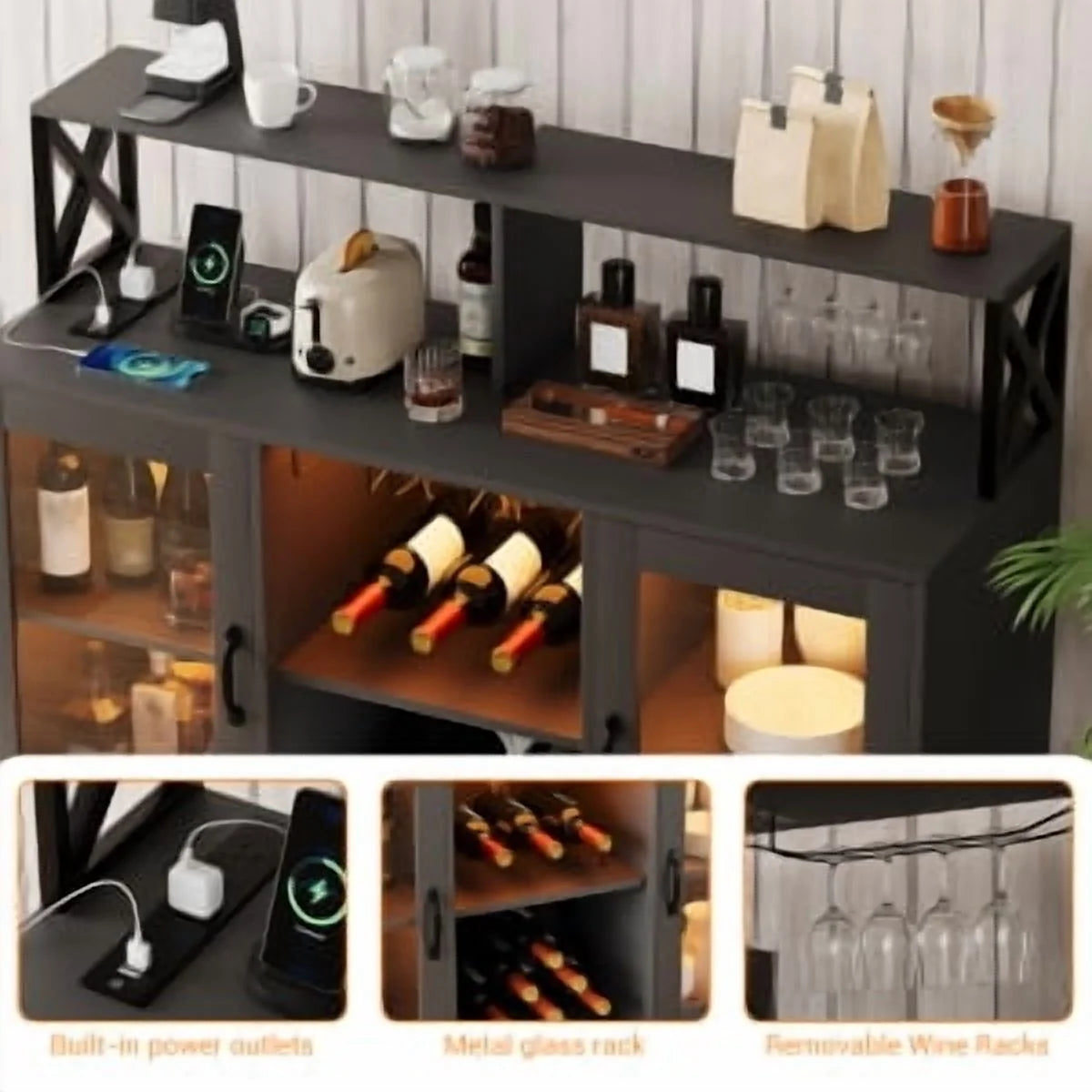 Historyli Wine Cabinet with LED Light,Bar Cabinet with Wine Rack,Glass Holder,and Power Outlets,for Living Room Office,Black