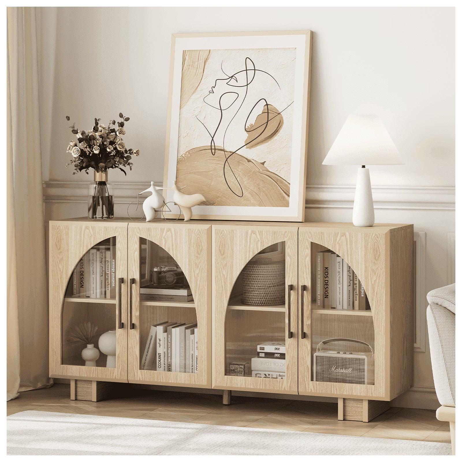 JOINICE Modern Accent Cabinet with Adjustable Shelves and Arched Glass Door,Buffet Cabinet with Storage,for Living Room,Dining Room,Entryway,Hallway,Black