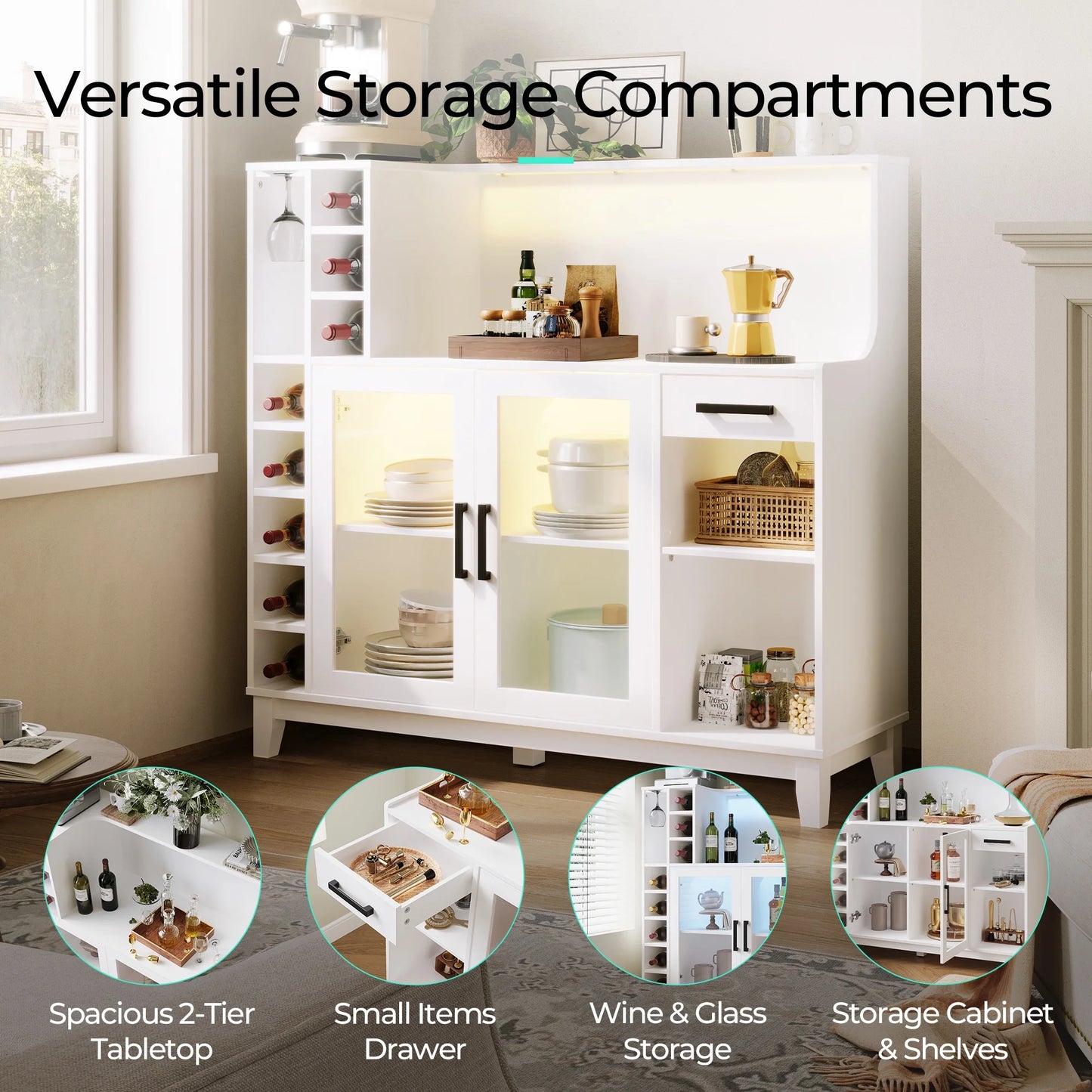 LINSY HOME Wine Bar Cabinet with LED Light, Home Coffee Cabinet with Wine and Glass Rack, Kitchen Buffet Sideboard with Storage Cabinet& Drawers, White